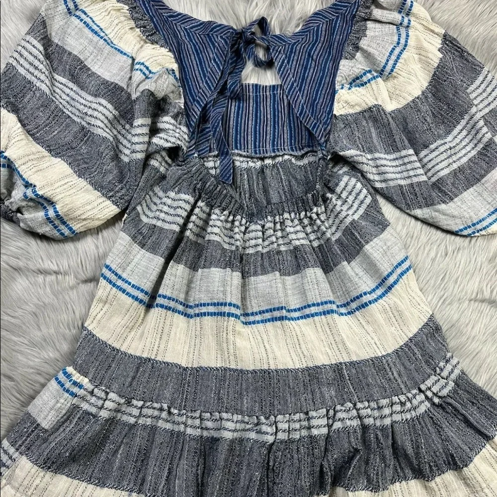 Free People All Lined Up Blue Multi Striped Puff Sleeve Mini Dress XS